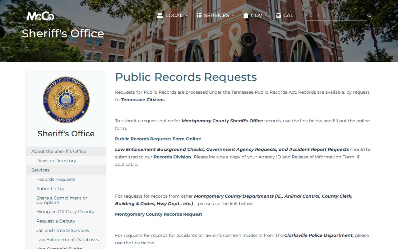 Montgomery County residents directory Sheriff records request